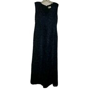 Caroline Charles London Maxi Dress Velvet Floral Design Navy Blue Women's Size 8